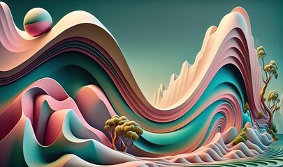  a painting of a mountain with trees and a body of water.  generative ai