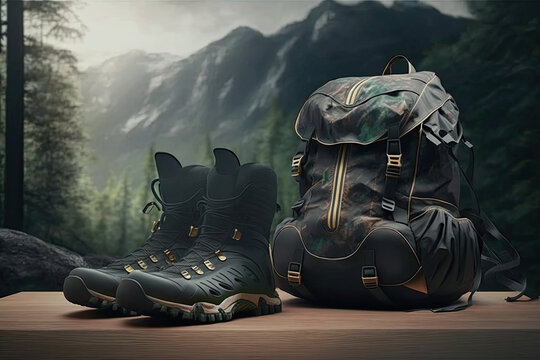 hiking bag mockup and hiking shoes, forest in the background with mountains