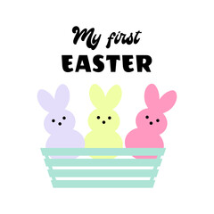 Obraz na płótnie Canvas My first Easter, cute bunnies in a flowerpot. Pastel colors, flat design. Holiday symbols for children. Vector