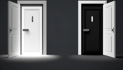 Black and white doors leading into different rooms. Generative AI.