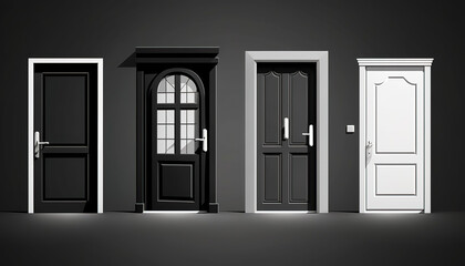 Black and white doors leading into different rooms. Generative AI.