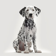 Beautiful dog breed dalmatian sitting isolated on white close-up, lovely home pet, ai generative