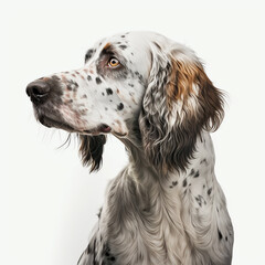 Beautiful dog breed English Setter portrait isolated on white close-up, lovely home pet, ai generative