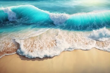 Fototapeta na wymiar Azure wave with white splashes on sand beach seaside background