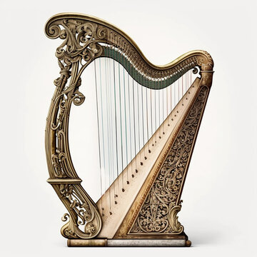 Beautiful vintage patterned harp, retro musical instrument, isolated on white close-up, ai generative