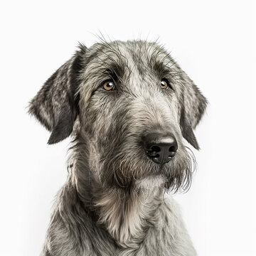 Big bearded dog breed Irish wolfhound portrait isolated on white close-up, largest dog breed, ai generative