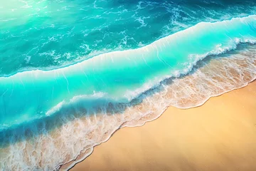 Keuken spatwand met foto Azure wave with white splashes on sand beach seaside background © Aleksey