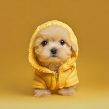 Cute fluffy maltipu puppy in yellow clothes on a yellow background. Full length front view. AI generated