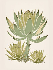Isolated illustration of an agave plant in retro risograph / risoprint style. Generative AI