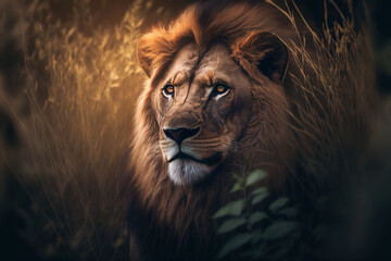 Naklejka premium Close-up of a lion with a serious expression on his face