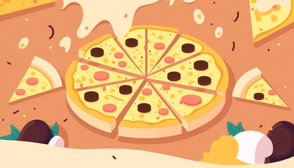 Appetizing cartoon pizza with salami, generative AI.