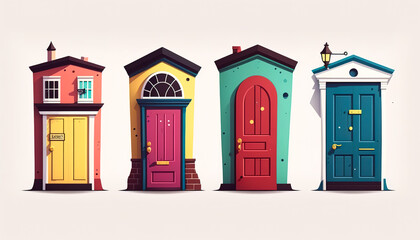 Four colourful doors on isolated white background. Generative AI.