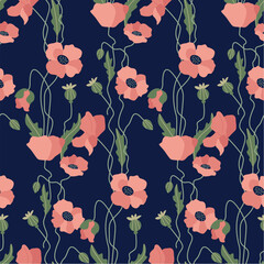 Seamless summer soft floral pattern.  ummer flat vector pattern for fabric, textile, wrapping paper, cards ets. Poppy flowers design. Red poppies on dark blue background.