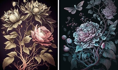  two pictures of flowers and a butterfly on a black background.  generative ai