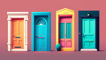 Four colourful doors on isolated light background. Generative AI.