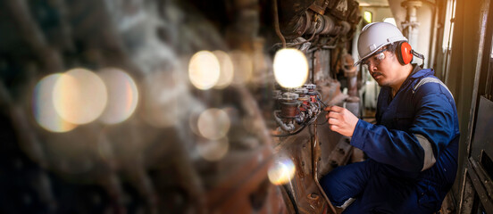 Fototapeta na wymiar Engine engineer inspecting large machines in factory,Railway engine maintenance technician,engine repair mechanical manager