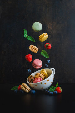 Colorful flying macrons