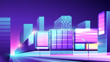 Vector gradient neon illustration of a shopping mall in the city.