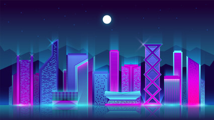 Fototapeta premium Vector colorful illustration of a night neon city on a moonlight background