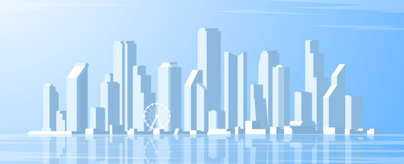Fototapeta na wymiar Morning city view. Metropolis with skyscrapers in horizontal illustration.