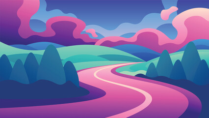 Pink winding asphalt road among hills and forest on bright fluffy evening clouds background.