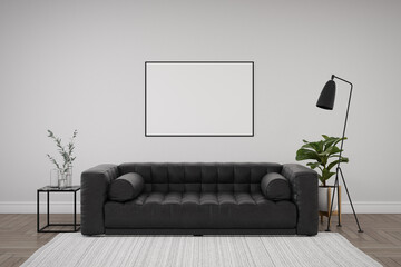 White wall with empty picture frame and sofa. 3d rendering of interior living room background.