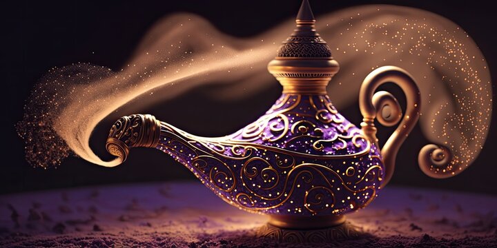 Magic genie lamp with purple background. Abstract enchanted Arabian nights wallpaper.
