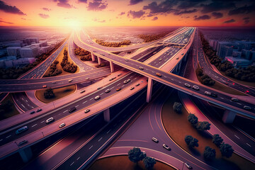 Expressway,  important infrastructure, transportation,  intersection road in the city center at sunset, advanced innovation, financial technology,
