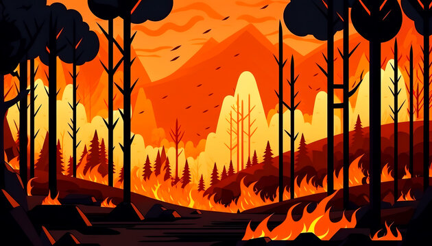 Fire in the forest, flames, generative AI.