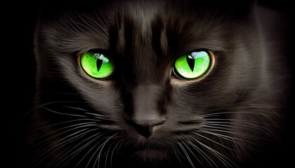 A black cat with glowing green eyes generated by AI