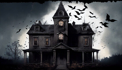 Fototapeta na wymiar A haunted house with creaky shutters and bats flying around it generated by AI
