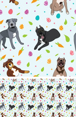 Happy Easter seamless pattern with flowers, leaves, carrot, eggs and Pitbull terrier dog,seasonal design background. Holiday present, spring fresh design, pastel colors, flat style. Colorful, motley. 