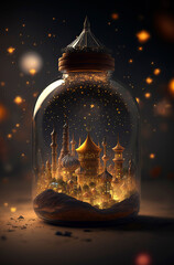 Generative AI illustration of the holy city of Mecca at night encased in a glass jar