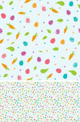 Happy Easter seamless pattern with flowers, leaves, carrot, colorful eggs, seasonal design background. Holiday present, spring fresh design, pastel colors, flat style. Colorful, motley greeting card. 