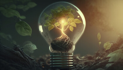 Green Energy Investment - Plants Growth On Money And Tree In Lightbulb