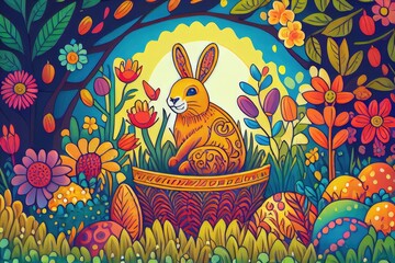 Easter Bunny Rabbit Basket Decorated Colorful Easter Eggs Egg Illustrated Illustration Vector Art Sun Flowers Trees Morning Background Image