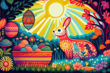 Fototapeta premium Easter Bunny Rabbit Basket Decorated Colorful Easter Eggs Egg Illustrated Illustration Vector Art Sun Flowers Trees Morning Background Image 