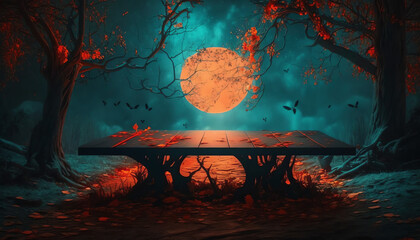 Halloween - Wooden Table In Spooky Forest At Night With Red Leaves In Autumn Landscape At Moonlight