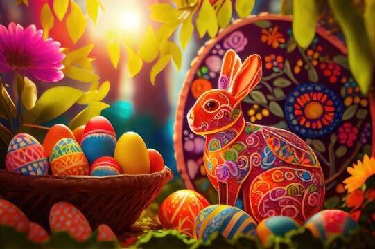 Easter Bunny Rabbit Basket Decorated Colorful Easter Eggs Egg Illustrated Illustration Vector Art Sun Flowers Trees Morning Background Image	
