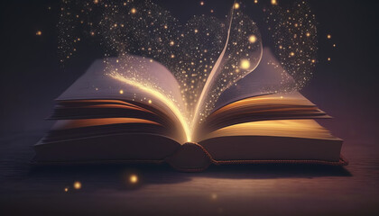 Magic Book With Open Antique Pages And Abstract Bokeh Lights Glowing In Dark Background - Literature And Education Concept