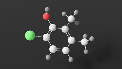 chloroxylenol molecule, molecular structure, antiseptic, disinfectant, ball and stick 3d model, structural chemical formula with colored atoms