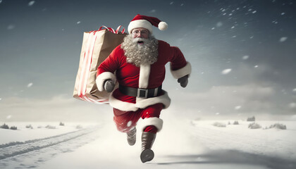 Santa Claus With Red Banner Bag Running On Snow In Winter Landscape - Fast Delivery Present
