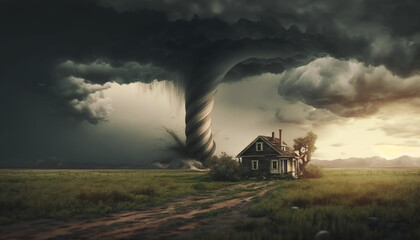 Naklejka na ściany i meble Tornado In Stormy Landscape - Climate Change And Natural Disaster Concept