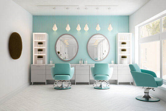 white light beauty salon room with armchairs and mirrors Generative AI