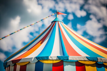 colorful circus striped tent against the background of the summer sky Generative AI
