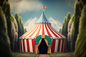 colorful circus striped tent against the background of the summer sky Generative AI - obrazy, fototapety, plakaty
