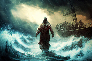 christ walking on water, jesus walk on water sea of galilee toward fishing boat and disciples, easter, generative ai	 - obrazy, fototapety, plakaty
