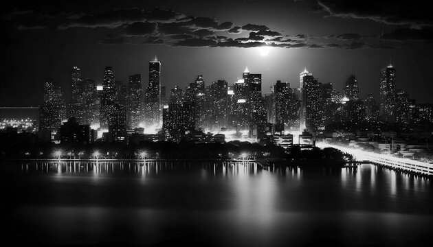 A black and white photo of a cityscape with the moon shining over it photography created with Generative AI technology
