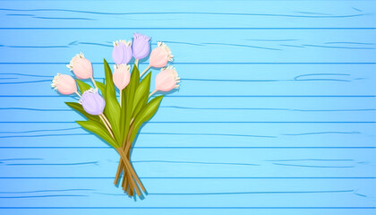 Spring bouquet of flowers on a blue wooden background, generative AI.