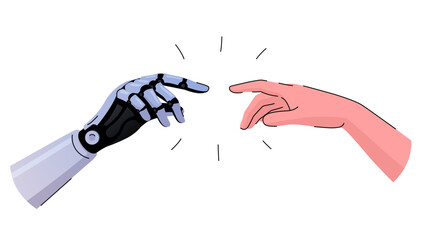 Vector illustration depicting human and robot hands reaching for each other. The robot and the person extend their hands to each other. Collaboration between humans and robots. Modern technologies.